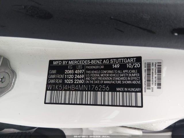 Aukcja sprzedaży 2021 Mercedes-benz Cla 250 4matic, vin: W1K5J4HB4MN176256, numer aukcji: 45759013