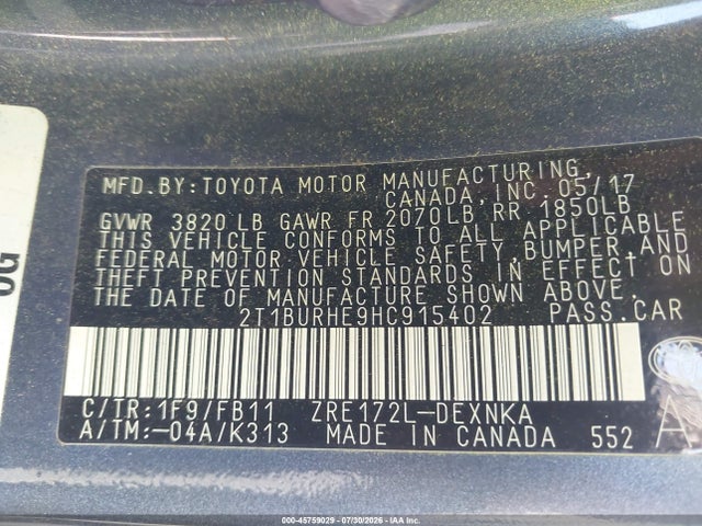 45759029 :رقم المزاد ، 2T1BURHE9HC915402 vin ، 2017 Toyota Corolla Le مزاد بيع