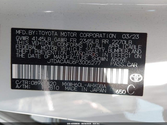 2023 Toyota Prius Xle მანქანა იყიდება აუქციონზე, vin: JTDACAAU6P3005277, აუქციონის ნომერი: 45759030