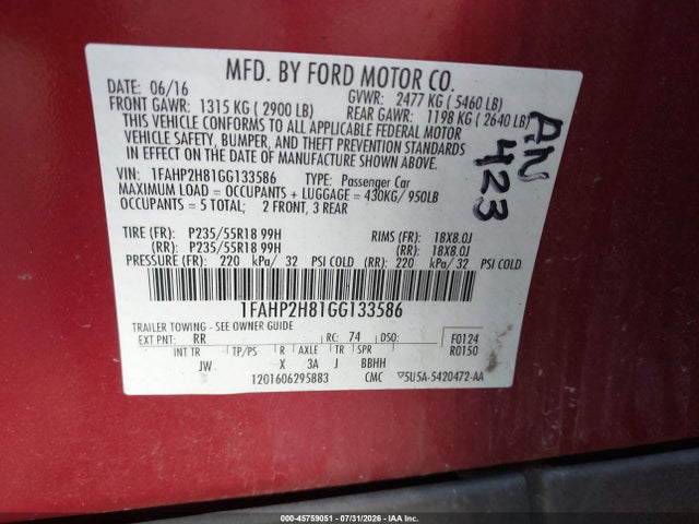 Ford TAURUS SEL 2016 1FAHP2H81GG133586 Image 9