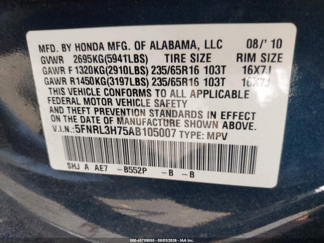 2010 Honda Odyssey Ex-l მანქანა იყიდება აუქციონზე, vin: 5FNRL3H75AB105007, აუქციონის ნომერი: 45759055