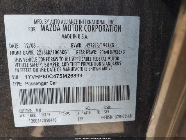 Продаж на аукціоні авто 2007 Mazda Mazda6 I Sport Ve, vin: 1YVHP80C475M26899, номер лоту: 45759056