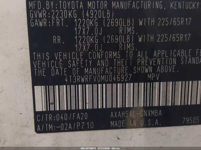 2021 Toyota Rav4 Hybrid Xle მანქანა იყიდება აუქციონზე, vin: 4T3RWRFV0MU046927, აუქციონის ნომერი: 45759070