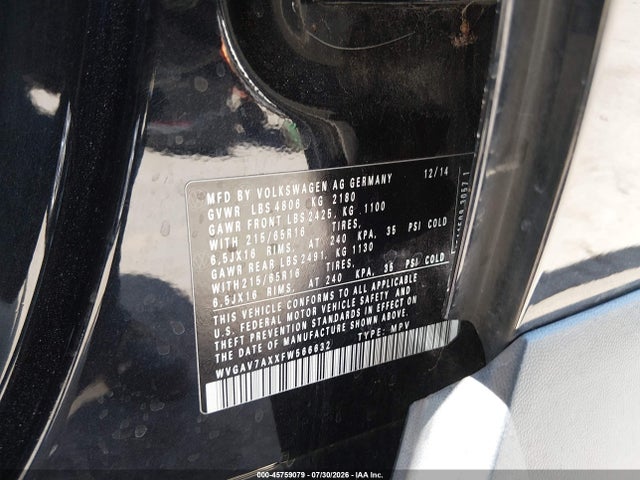 WVGAV7AXXFW566632 Volkswagen TIGUAN S