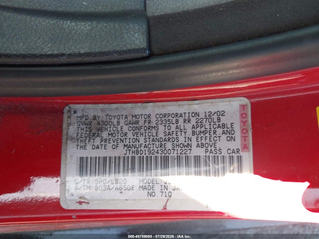 Aukcja sprzedaży 2003 Lexus Is 300, vin: JTHBD192430071227, numer aukcji: 45759080