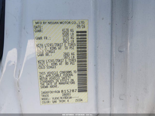 1N6BF0KY4GN815287 Nissan Nv Cargo Nv2500 Hd Sv V6