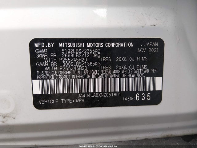Продаж на аукціоні авто 2022 Mitsubishi Outlander Black Edition S-awc/se 2.5 S-awc/se Launch Edition S-awc, vin: JA4J4UA8XNZ051801, номер лоту: 45759085