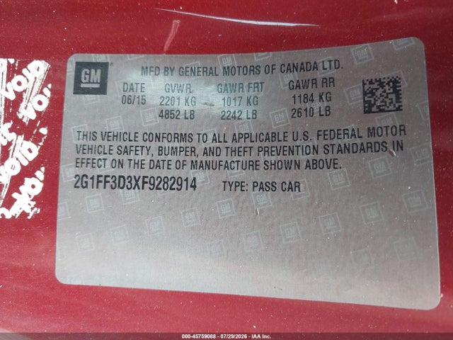 45759088 :رقم المزاد ، 2G1FF3D3XF9282914 vin ، 2015 Chevrolet Camaro 2lt مزاد بيع