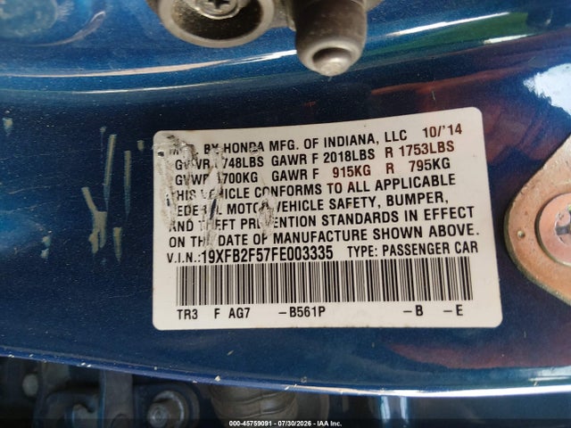 Honda Civic Lx 2015 19XFB2F57FE003335 Image 9