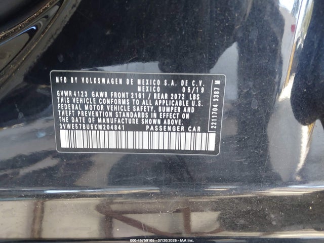 2019 Volkswagen Jetta 1.4t Sel მანქანა იყიდება აუქციონზე, vin: 3VWE57BU5KM204841, აუქციონის ნომერი: 45759105