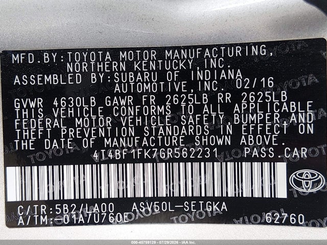 Toyota CAMRY XLE 2016 4T4BF1FK7GR562231 Image 9
