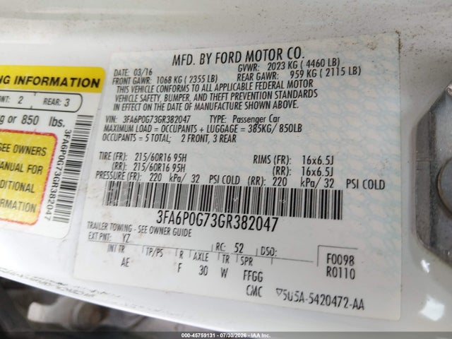 Ford FUSION S 2016 3FA6P0G73GR382047 Image 9