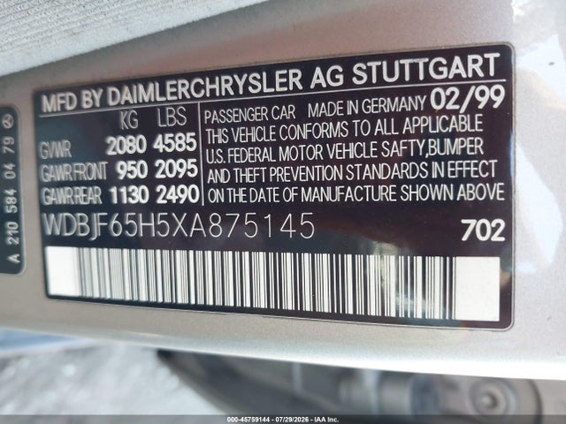 Auction sale of the 1999 Mercedes-benz E 320, vin: WDBJF65H5XA875145, lot number: 45759144