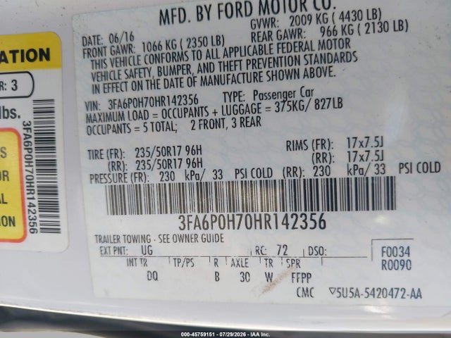 3FA6P0H70HR142356 Ford FUSION SE