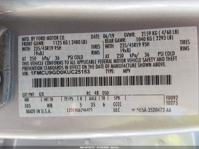 45759157 :رقم المزاد ، 1FMCU9GD0KUC25153 vin ، 2019 Ford Escape Se مزاد بيع