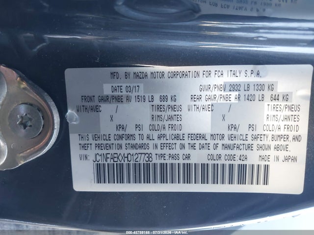 Aukcja sprzedaży 2017 Fiat 124 Spider, vin: JC1NFAEKXH0127738, numer aukcji: 45759168