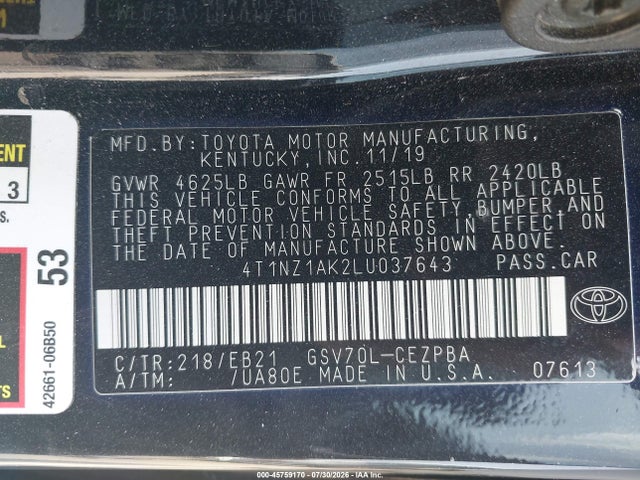 2020 Toyota Camry Trd მანქანა იყიდება აუქციონზე, vin: 4T1NZ1AK2LU037643, აუქციონის ნომერი: 45759170