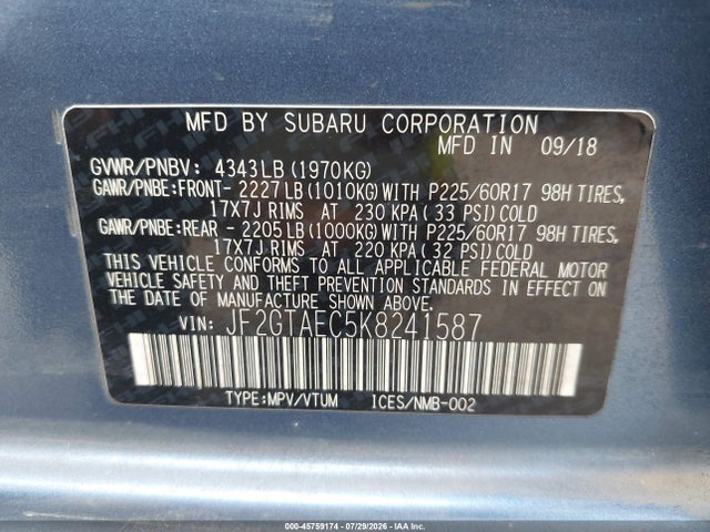 Продажа на аукционе авто 2019 Subaru Crosstrek 2.0i Premium, vin: JF2GTAEC5K8241587, номер лота: 45759174