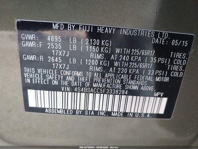Subaru Outback 2.5i Premium 2015 4S4BSACC5F3338284 Image 9