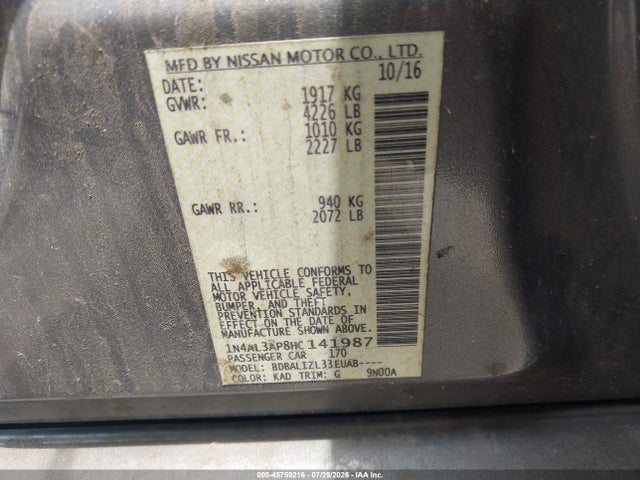 2017 Nissan Altima 2.5 Sv მანქანა იყიდება აუქციონზე, vin: 1N4AL3AP8HC141987, აუქციონის ნომერი: 45759216