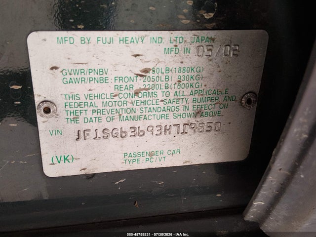 Продаж на аукціоні авто 2003 Subaru Forester X, vin: JF1SG63693H719850, номер лоту: 45759231