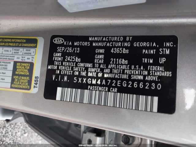 45759261 :رقم المزاد ، 5XXGM4A72EG266230 vin ، 2014 Kia Optima Lx مزاد بيع