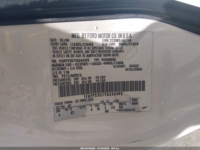 Продаж на аукціоні авто 2000 Ford Taurus Ses, vin: 1FAFP55U1YA245495, номер лоту: 45759265