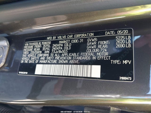45759267 :رقم المزاد ، YV4102DL8L1598256 vin ، 2020 Volvo Xc60 T5 Inscription مزاد بيع
