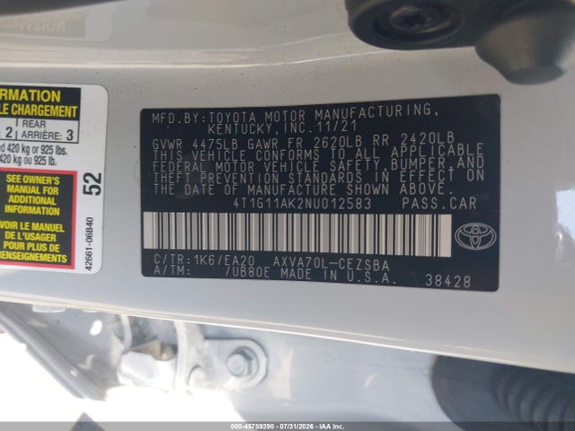 4T1G11AK2NU012583 Toyota CAMRY SE