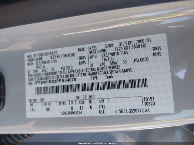 1FTEW1E83PFB34078 Ford F-150 Tremor