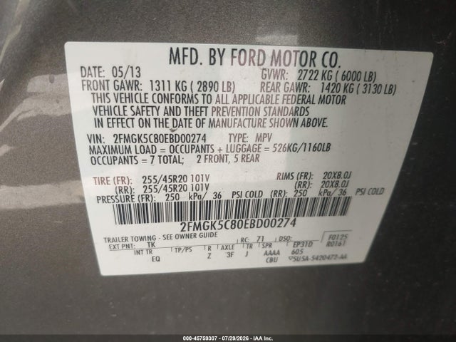 2FMGK5C80EBD00274 Ford FLEX SEL