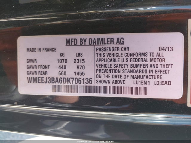 2013 Smart Fortwo Pure მანქანა იყიდება აუქციონზე, vin: WMEEJ3BA6DK706136, აუქციონის ნომერი: 45759317