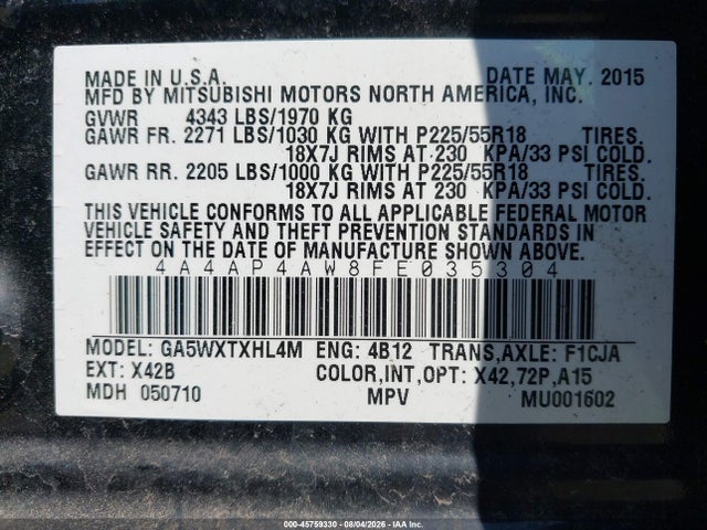 Aukcja sprzedaży 2015 Mitsubishi Outlander Sport Gt, vin: 4A4AP4AW8FE035304, numer aukcji: 45759330