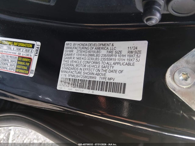 Продаж на аукціоні авто 2025 Honda Odyssey Sport-l, vin: 5FNRL6H72SB028969, номер лоту: 45759332