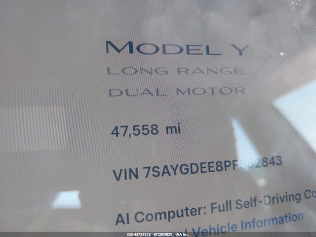 2023 Tesla Model Y Awd/long Range Dual Motor All-wheel Drive მანქანა იყიდება აუქციონზე, vin: 7SAYGDEE8PF582843, აუქციონის ნომერი: 45759338