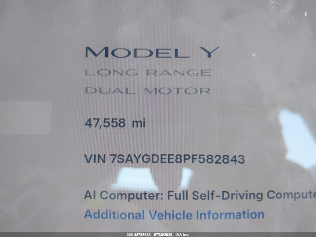 2023 Tesla Model Y Awd/long Range Dual Motor All-wheel Drive მანქანა იყიდება აუქციონზე, vin: 7SAYGDEE8PF582843, აუქციონის ნომერი: 45759338