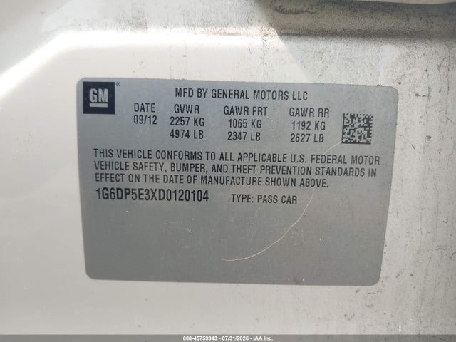 45759343 :رقم المزاد ، 1G6DP5E3XD0120104 vin ، 2013 Cadillac Cts Premium مزاد بيع