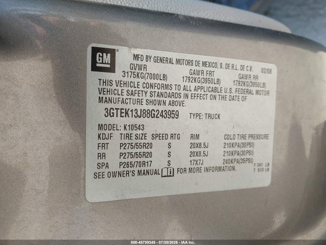 Aukcja sprzedaży 2008 Gmc Sierra 1500 Sle1, vin: 3GTEK13J88G243959, numer aukcji: 45759345