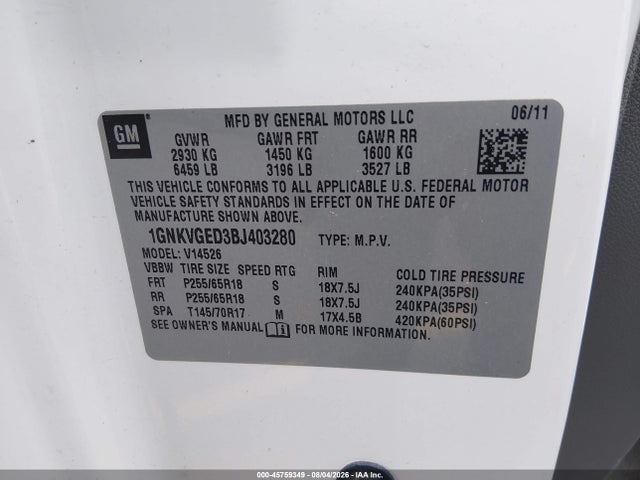 Продаж на аукціоні авто 2011 Chevrolet Traverse 1lt, vin: 1GNKVGED3BJ403280, номер лоту: 45759349
