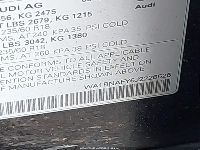Aukcja sprzedaży 2018 Audi Q5 2.0t Premium/2.0t Tech Premium, vin: WA1BNAFY6J2226525, numer aukcji: 45759358