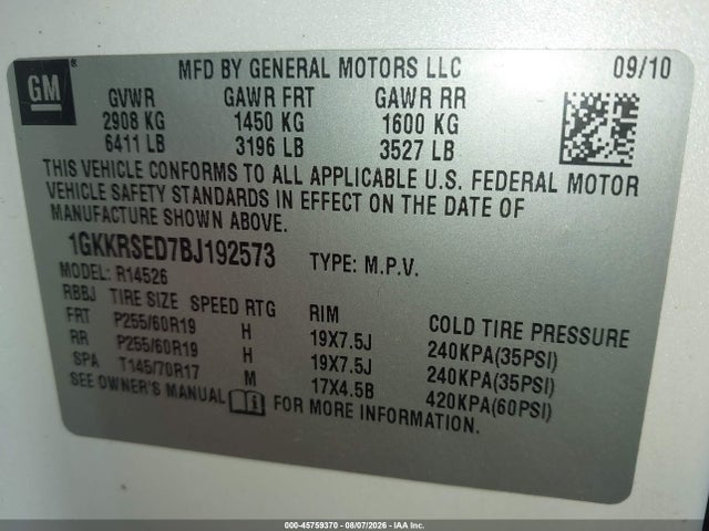 2011 Gmc Acadia Slt-2 მანქანა იყიდება აუქციონზე, vin: 1GKKRSED7BJ192573, აუქციონის ნომერი: 45759370
