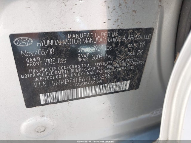 45759383 :رقم المزاد ، 5NPD74LF6KH429685 vin ، 2019 Hyundai Elantra Se مزاد بيع