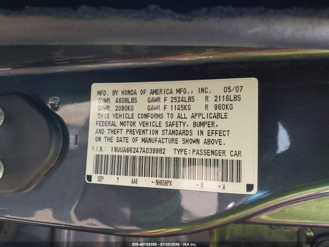 Продаж на аукціоні авто 2007 Acura Tl 3.2, vin: 19UUA66247A039982, номер лоту: 45759395