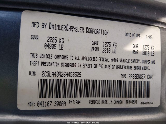 45759403 :رقم المزاد ، 2C3LA43R26H458529 vin ، 2006 Chrysler 300 مزاد بيع