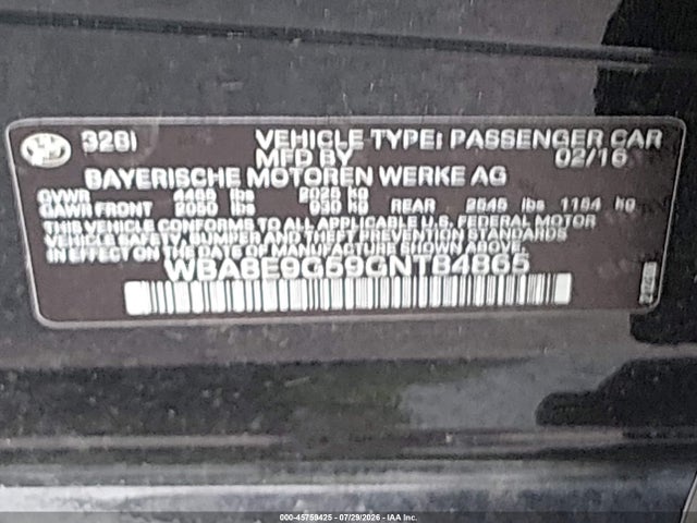 45759425 :رقم المزاد ، WBA8E9G59GNT84865 vin ، 2016 Bmw 328i مزاد بيع