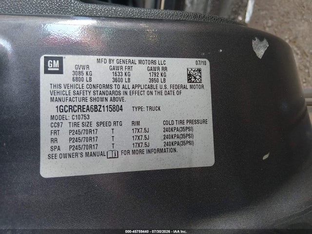 45759440 :رقم المزاد ، 1GCRCREA6BZ115804 vin ، 2011 Chevrolet Silverado 1500 Ls مزاد بيع