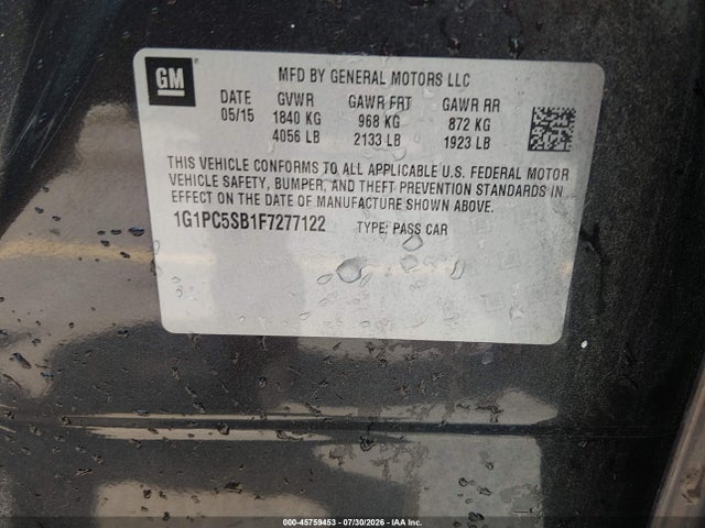 45759453 :رقم المزاد ، 1G1PC5SB1F7277122 vin ، 2015 Chevrolet Cruze 1lt Auto مزاد بيع