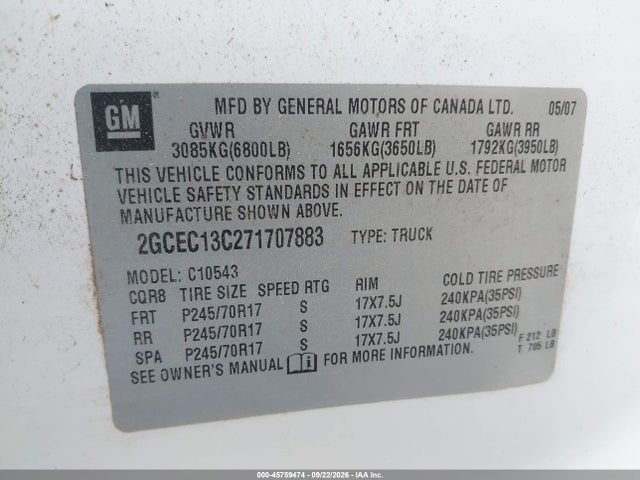 Продажа на аукционе авто 2007 Chevrolet Silverado 1500 Ls, vin: 2GCEC13C271707883, номер лота: 45759474