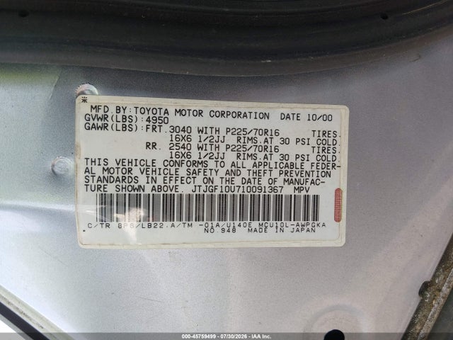 Aukcja sprzedaży 2001 Lexus Rx 300, vin: JTJGF10U710091367, numer aukcji: 45759499