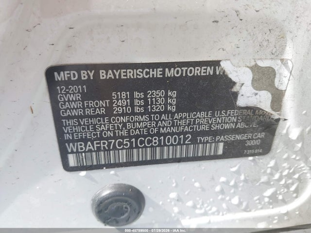 45759500 :رقم المزاد ، WBAFR7C51CC810012 vin ، 2012 Bmw 535i مزاد بيع